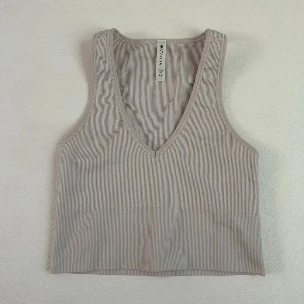 Athleta Ribbed Crop Tank Top Women’s XS Gray V-Neck Sleeveless Activewear